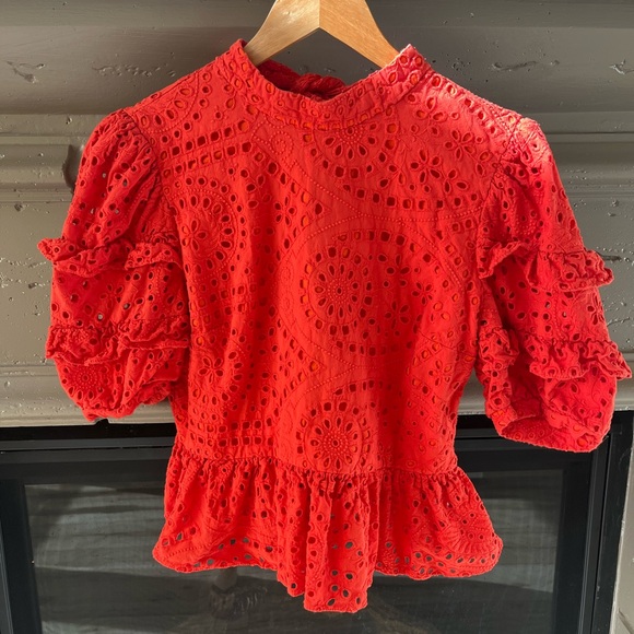 EUC River Island Red Eyelet Embroidered Open Back Blouse with Ruffles - Picture 3 of 7